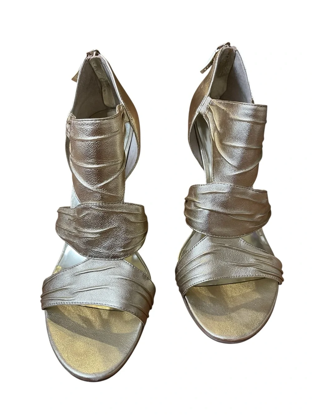 GUESS‎ Gold Metallic Strappy Heels Zip Back Stiletto Sandals Size 9.5 Party Glam